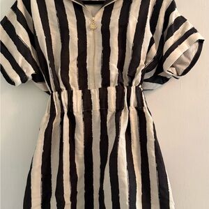 Striped Black & White Mini Dress with Zip Front
